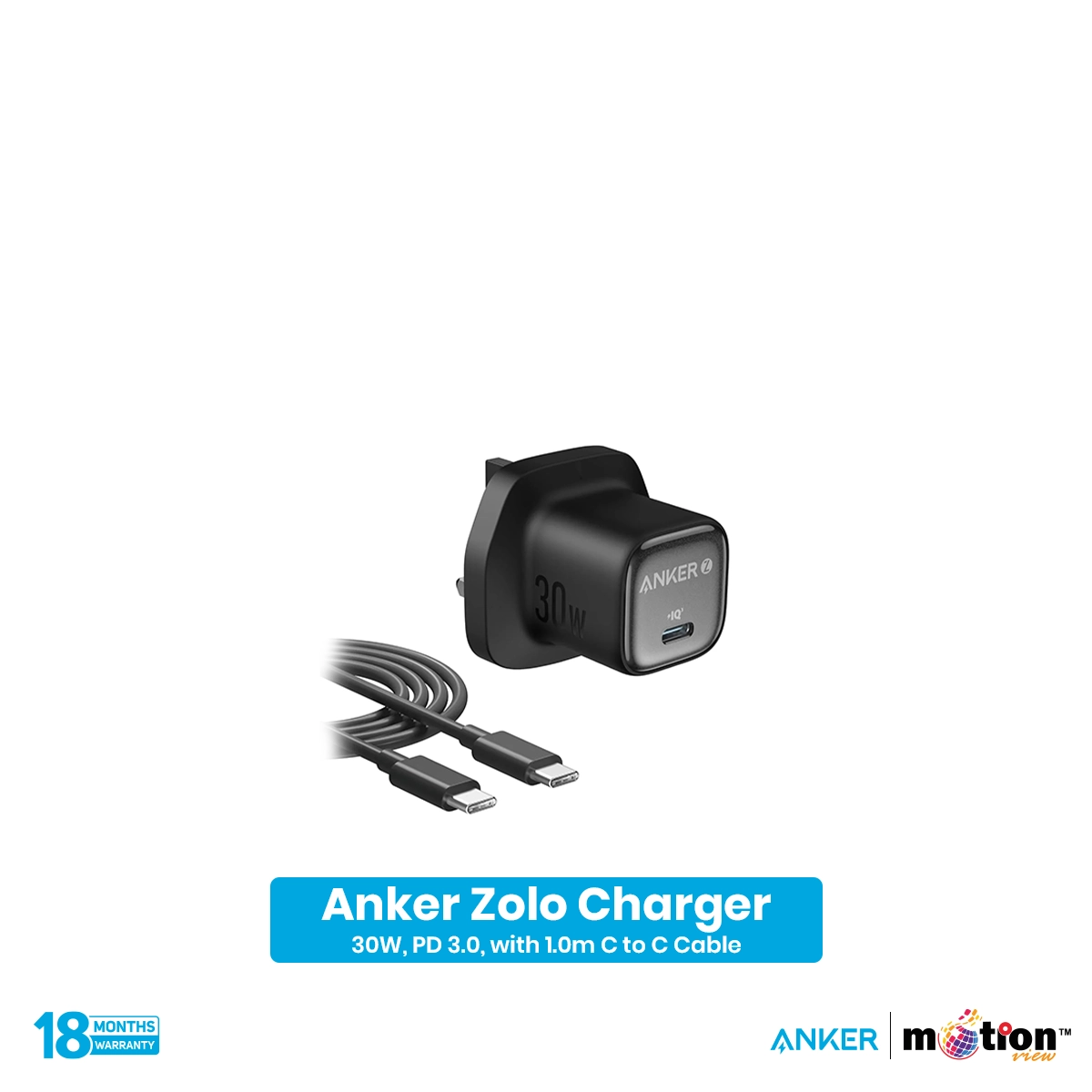 ANKER ZOLO 30W, PD 3.0 CHARGER WITH C CABLE 1M | BLACK