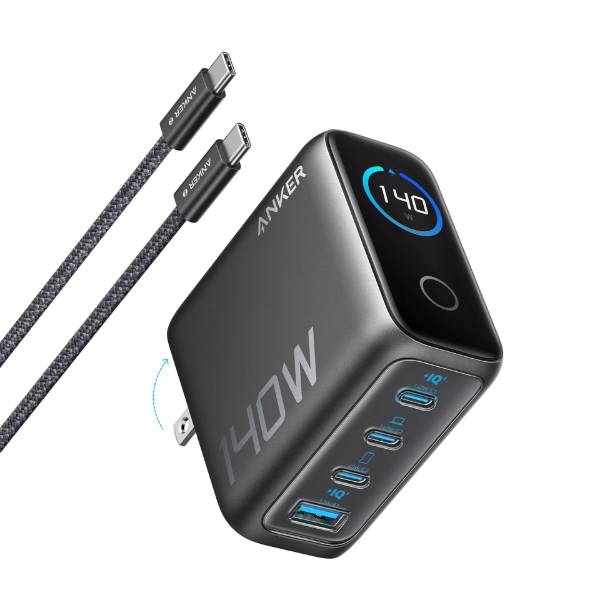 ANKER CHARGER (140W, 4-PORT, PD 3.1) WITH USB-C CABLE | DARK GRAY