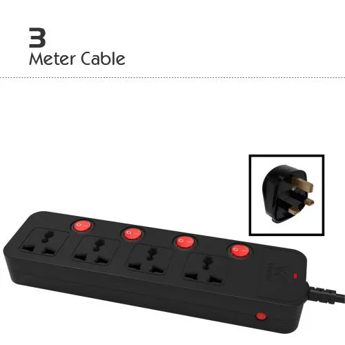 WALTON 2500W BLACK EXTENSION SOCKET 3 PIN 4 PORTS WITH 3M CABLE | WES3P4H